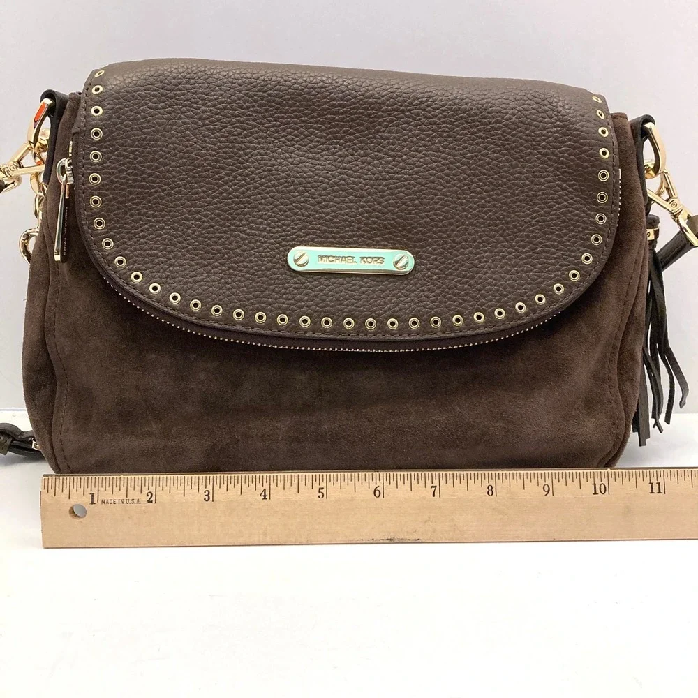 Michael Kors Bedford Bag Tassel Brown Leather Suede Convertible Crossbody Studs